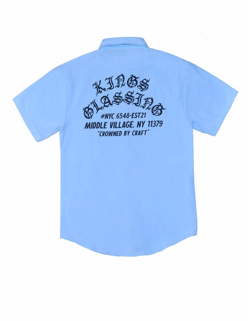 Black Letter Button Down Work Shirt -  Blue